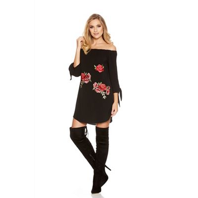 Quiz Black Crepe Embroidery Bardot 3/4 Sleeve Tunic Dress